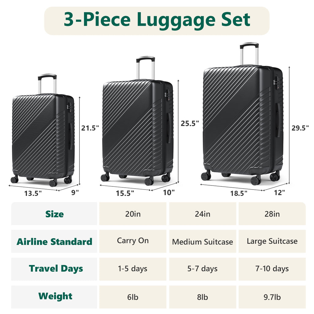 HaiCube 3 Piece Luggage Set (20/24/28 Inch), Lightweight Expandable Suitcases with TSA Lock & 360° Spinner Wheels, Black
