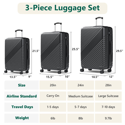 HaiCube 3 Piece Luggage Set (20/24/28 Inch), Lightweight Expandable Suitcases with TSA Lock & 360° Spinner Wheels, Black