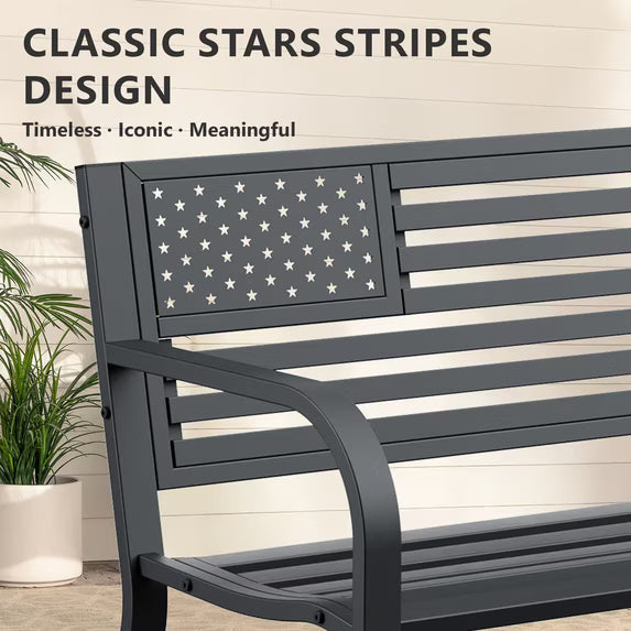 HaiCube Outdoor Bench with American Black Flag Backrest, Sturdy Cast Iron & Steel Frame, All-Weather Garden Patio Seating for Porch Deck Lawn Park