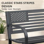 HaiCube Outdoor Bench with American Black Flag Backrest, Sturdy Cast Iron & Steel Frame, All-Weather Garden Patio Seating for Porch Deck Lawn Park