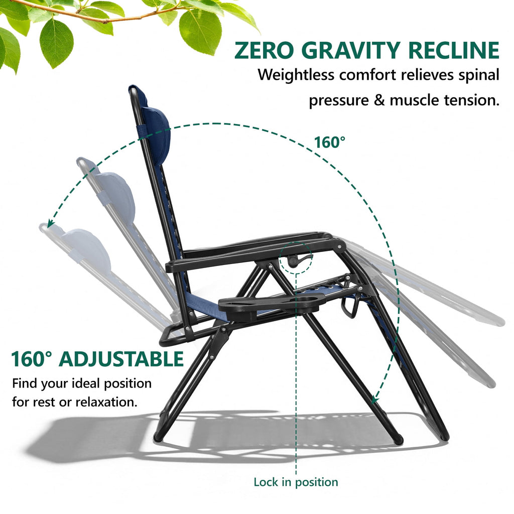 HaiCube Zero Gravity Chair Set of 2, Adjustable Reclining Outdoor Lounge Chairs with Cup Holder Tray & Headrest, Portable Folding Patio Chairs for Camping, Pool, Backyard, Blue