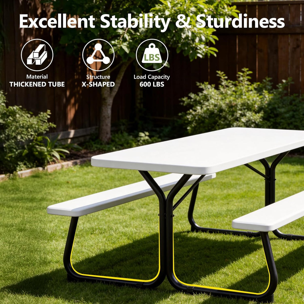6 FT Picnic Table with Attached Benches, Outdoor Picnic Bench Table for 8 People, Heavy Duty Steel Frame, 600 LBS Weight Capacity, Patio Dining Table for Backyard, Park, Garden, School