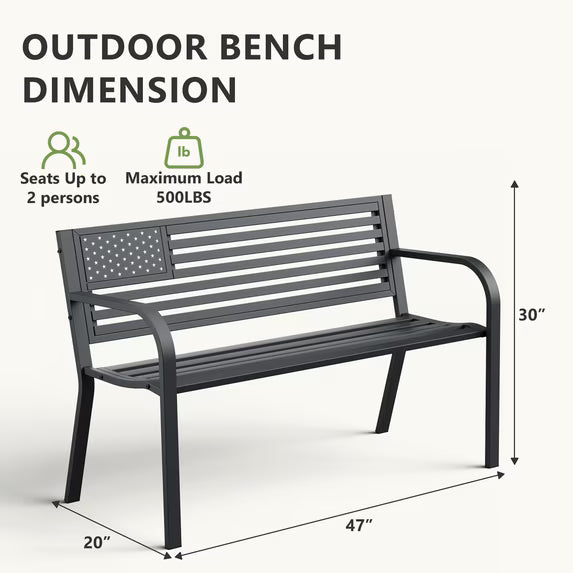 HaiCube Outdoor Bench with American Black Flag Backrest, Sturdy Cast Iron & Steel Frame, All-Weather Garden Patio Seating for Porch Deck Lawn Park