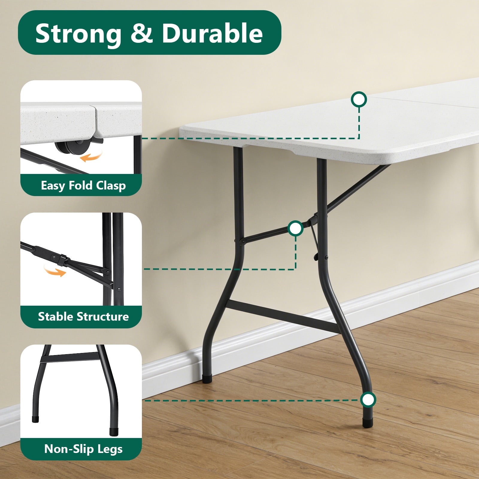 HaiCube 5FT Folding Table, Heavy Duty Portable Table, Waterproof HDPE, Foldable for Picnic, Party, Camping, Dining, BBQ, Indoor & Outdoor, White