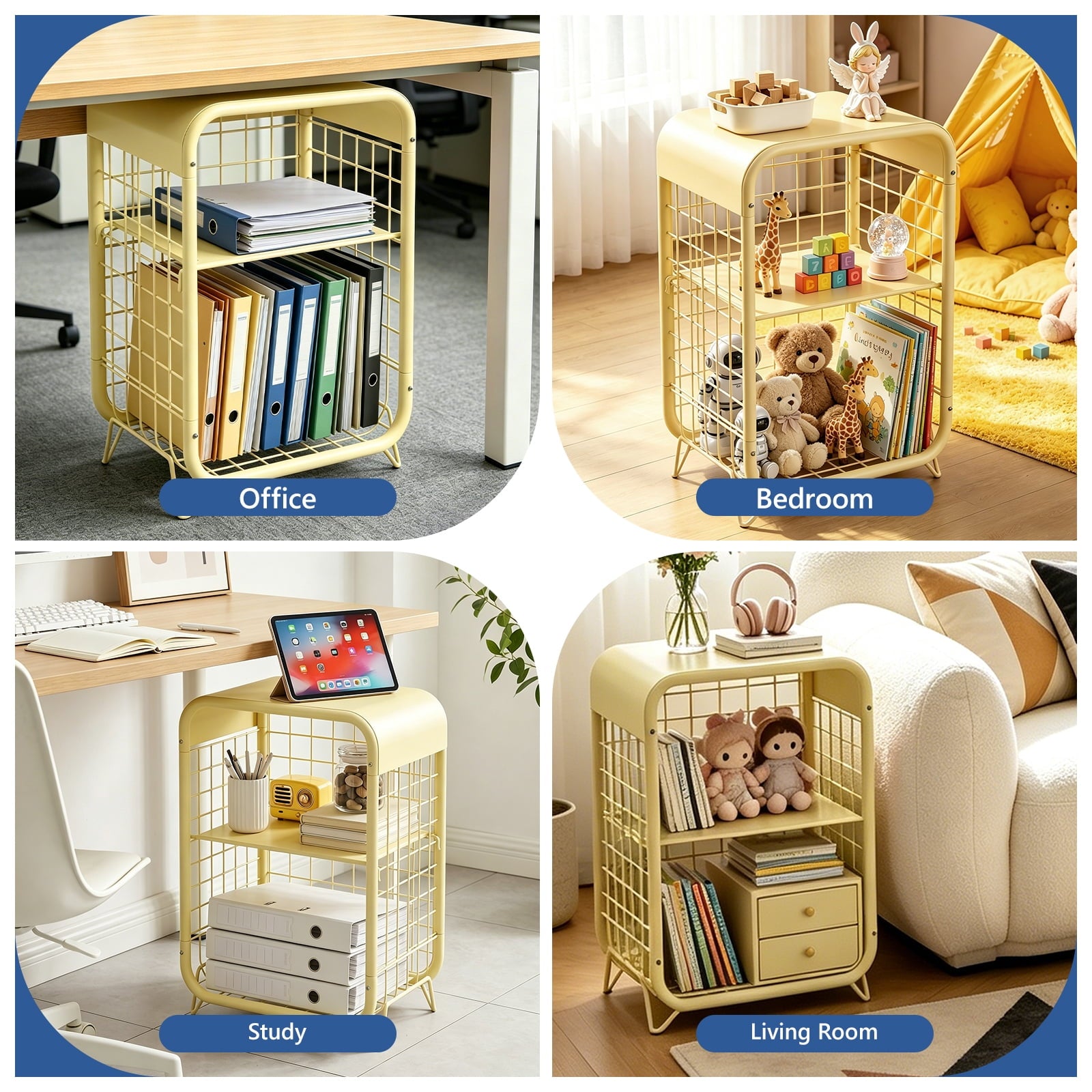 HaiCube 3-Tier Metal Side Table, Modern Small Nightstand with Storage Shelf, Cute Decor End Table for Bedroom, Living Room, Dorm, Yellow
