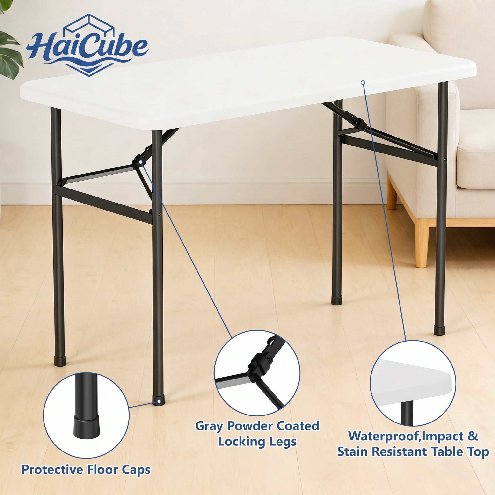 HaiCube 4 Ft White Plastic Folding Table, Portable Long Foldable Table for Indoor/Outdoor Events, Picnics, Camping, Parties & Trade Shows