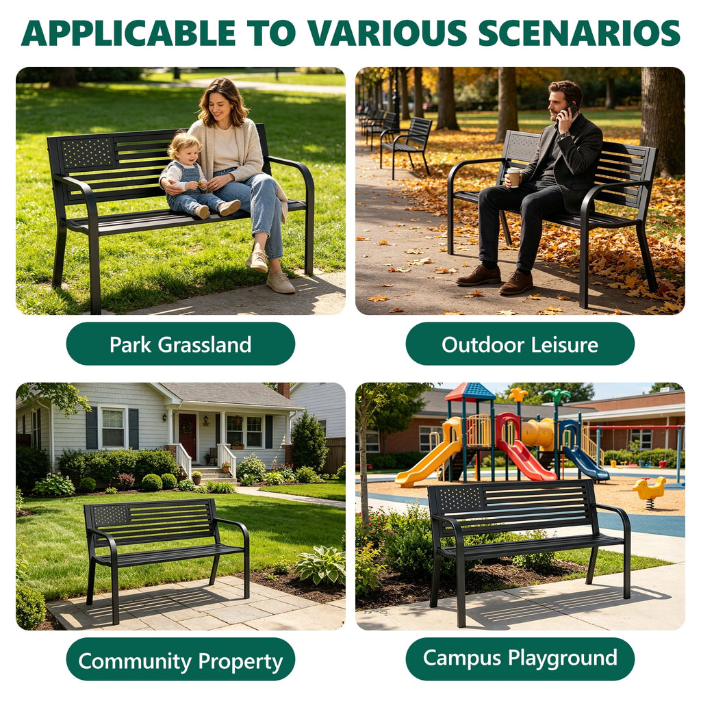 HaiCube Outdoor Bench with American Flag Backrest, Sturdy Cast Iron & Steel Frame, All-Weather Garden Patio Seating for Porch Deck Lawn Park, Black