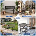 HaiCube Outdoor Metal Patio Garden Bench, Heavy‑Duty Grid Mesh Back Bench with Armrests, 500 lbs Load Capacity, Rust Weather‑Resistant for Yard Lawn Porch Entryway