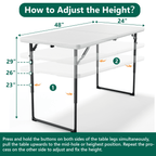 HaiCube 4FT Folding Table, Adjustable Height 23–29in, Heavy Duty Portable Table, Waterproof HDPE, Fold-in-Half for Picnic & Indoor, White
