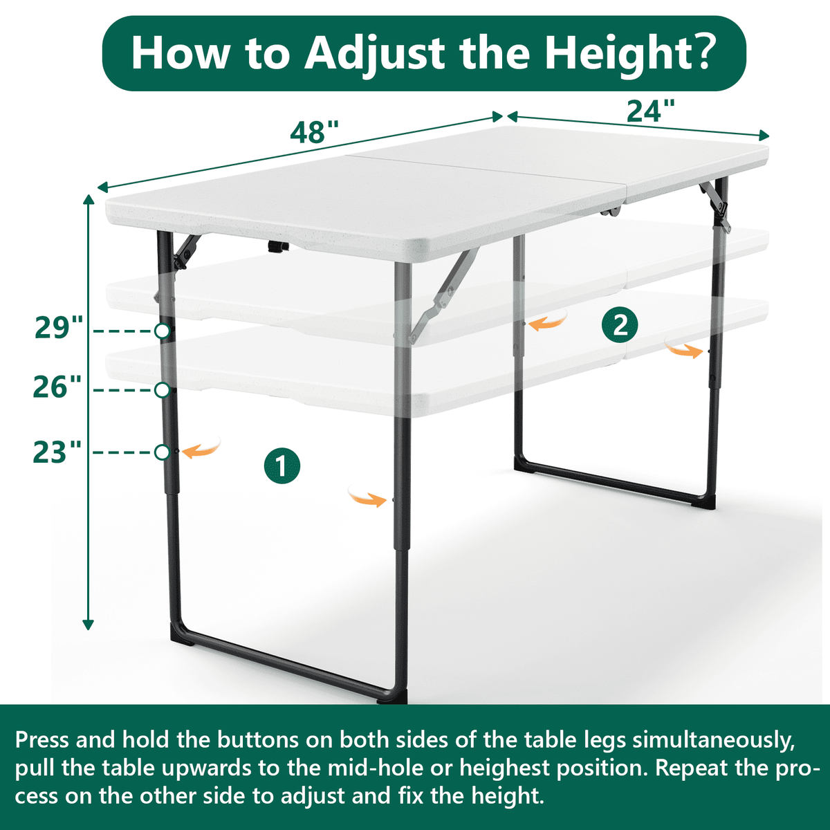 HaiCube 4FT Folding Table, Adjustable Height 23–29in, Heavy Duty Portable Table, Waterproof HDPE, Fold-in-Half for Picnic & Indoor, White