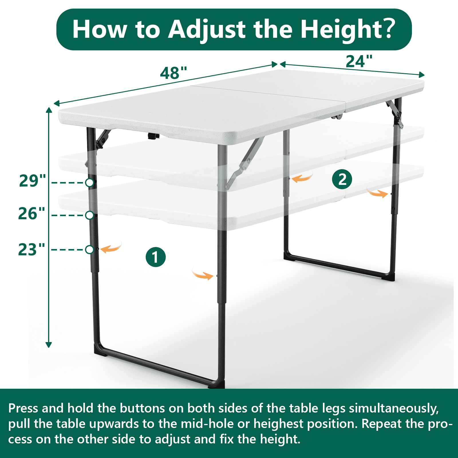 HaiCube 4FT Folding Table, Adjustable Height 23–29in, Heavy Duty Portable Table, Waterproof HDPE, Fold-in-Half for Picnic & Indoor, White
