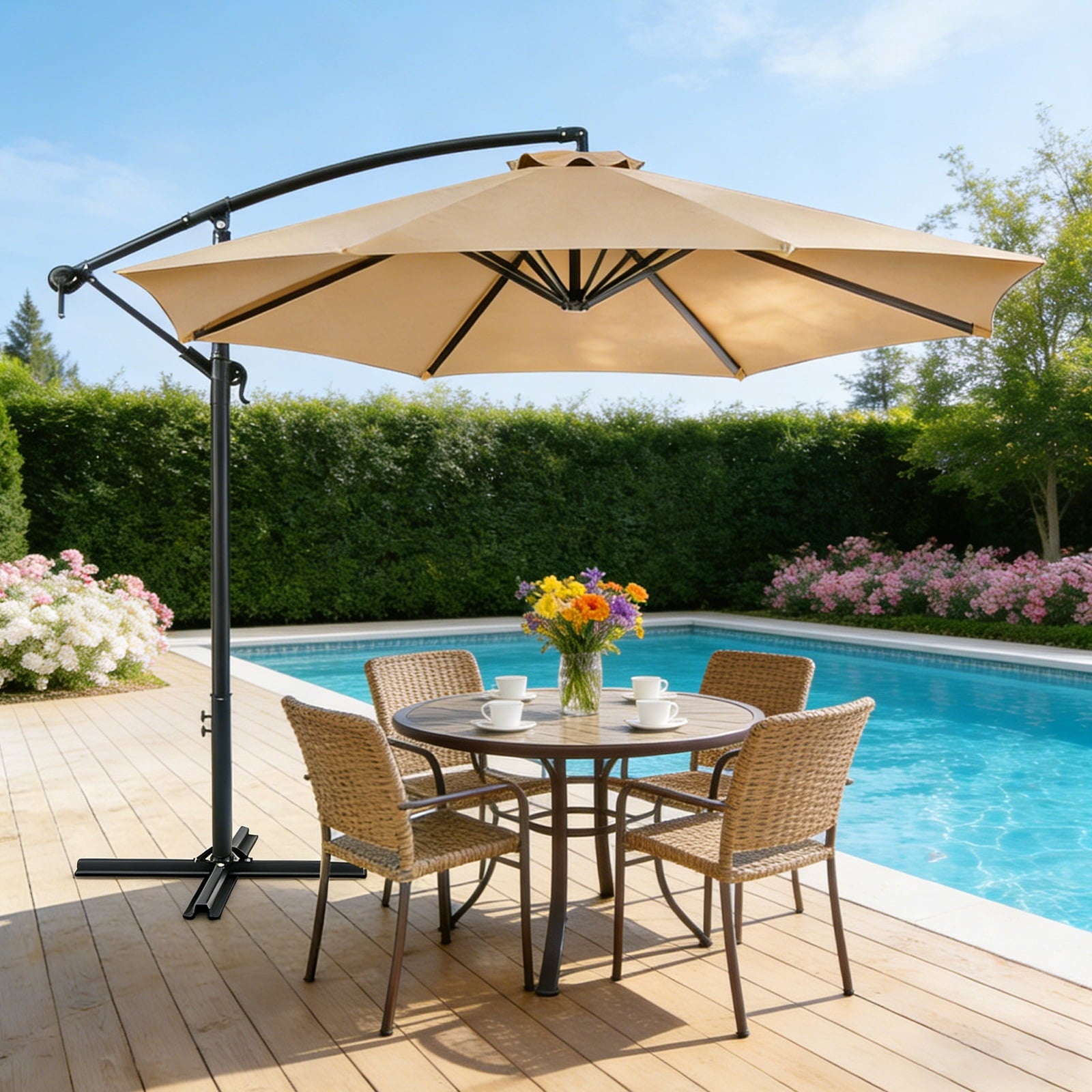 HaiCube 10Ft Offset Cantilever Patio Umbrella with 360° Rotation, Infinite Tilt & Crank Handle, for Garden, Lawn, Backyard, Poolside and Deck, Khaki