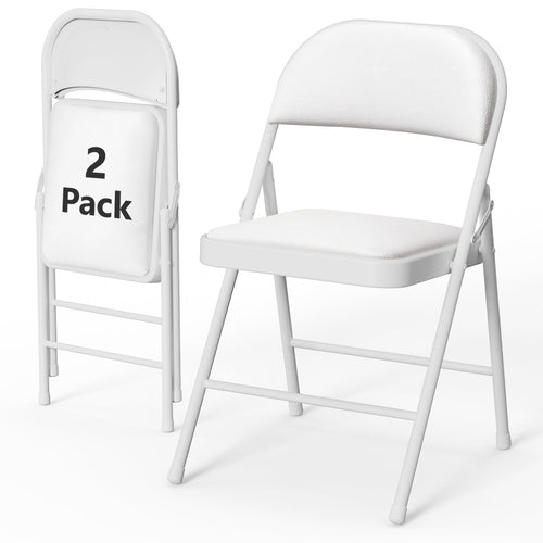 HaiCube 2-Pack PU Leather Padded Folding Chair, Heavy Duty Portable Folding Chair with Metal Frame, No Assembly Indoor Chair, White