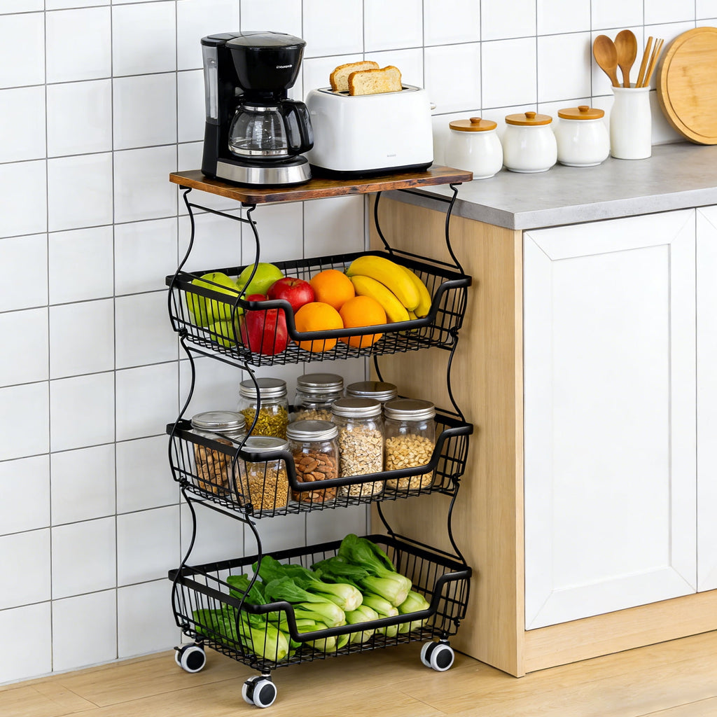 HaiCube 4-Tier Metal Wire Rolling Cart with Wheels, Stackable Storage Organizer Cart with Top Shelf for Pantry, Kitchen Fruit Snack Book Storage Rack