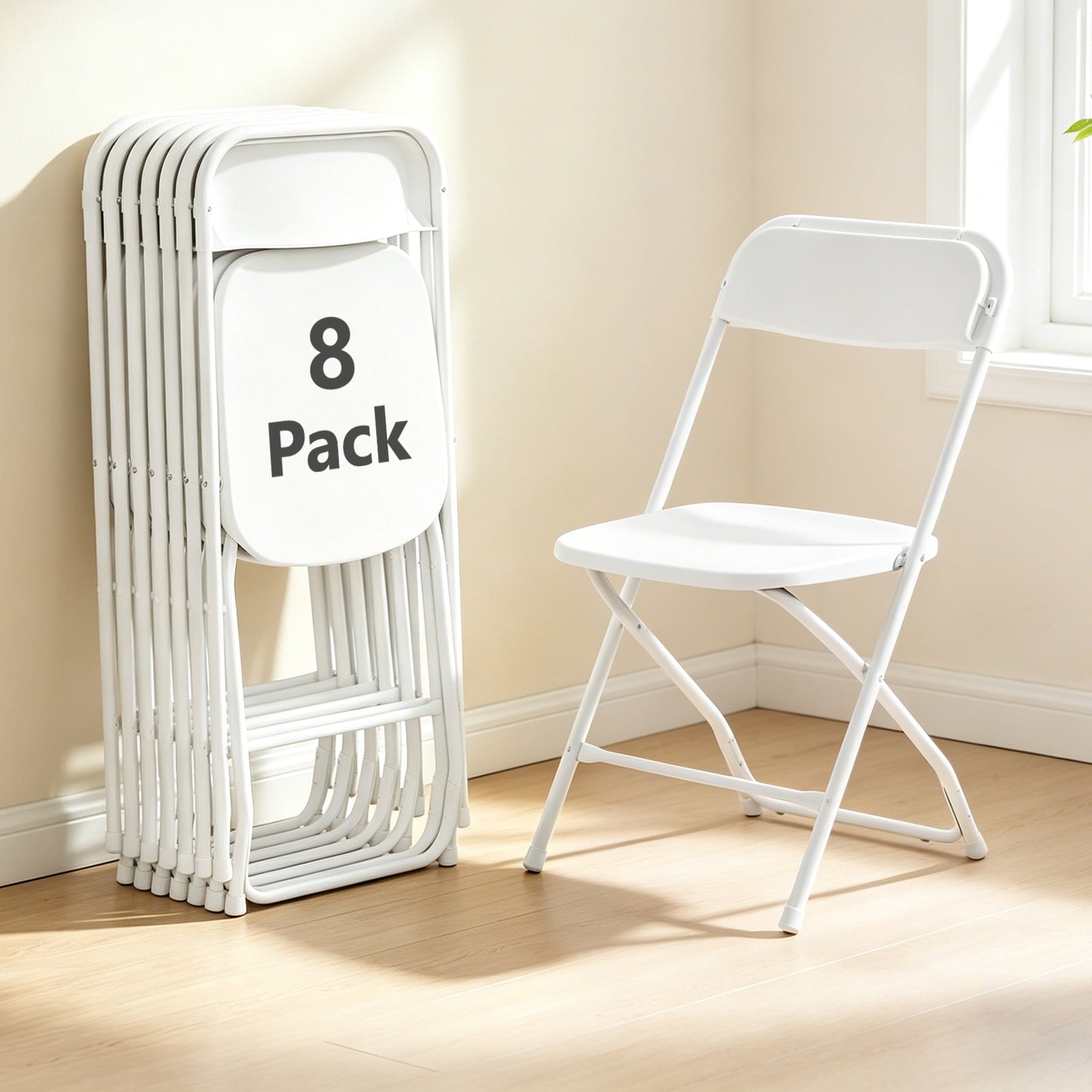 HaiCube 8 Pack White Plastic Folding Chair, Steel Frame, Portable Commercial Chair for Indoor Outdoor Events, Office, Wedding, Restaurant