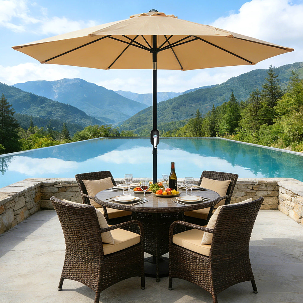 HaiCube 9FT Patio Umbrella -Acrylic Fabric, 10-Year Fade-Resistant, 1.5" Heavy Duty Steel Pole, 8 Ribs, Push Button Tilt & Crank, UV Block for Garden Deck Pool, Khaki