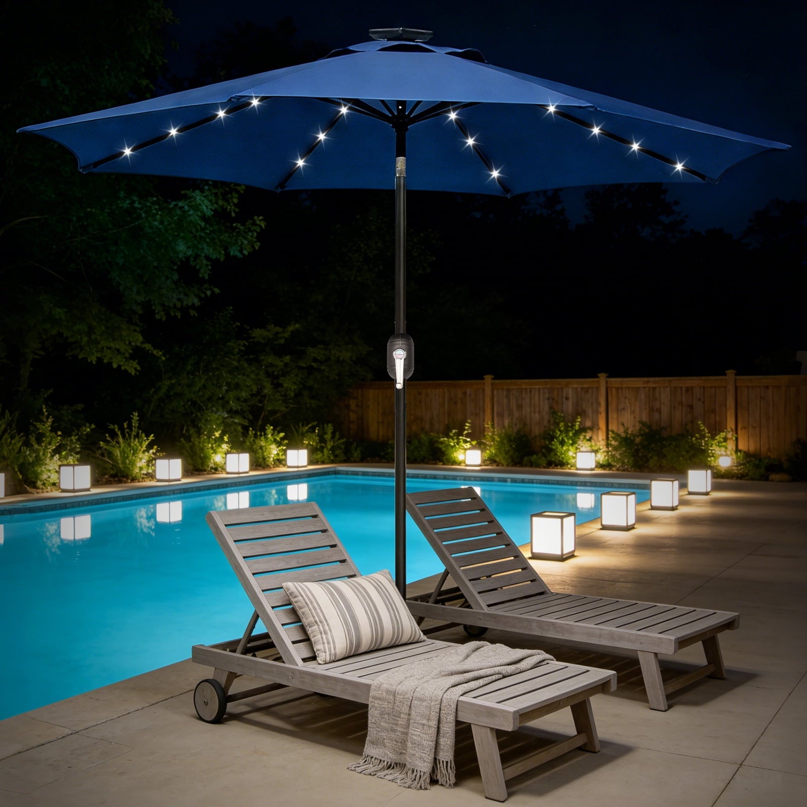 HaiCube 9FT Solar Patio Umbrella with LED Lights, Outdoor Market Umbrella with Solar Panel, 8 Heavy-Duty Ribs, for Patio, Deck, Garden,Dark Blue