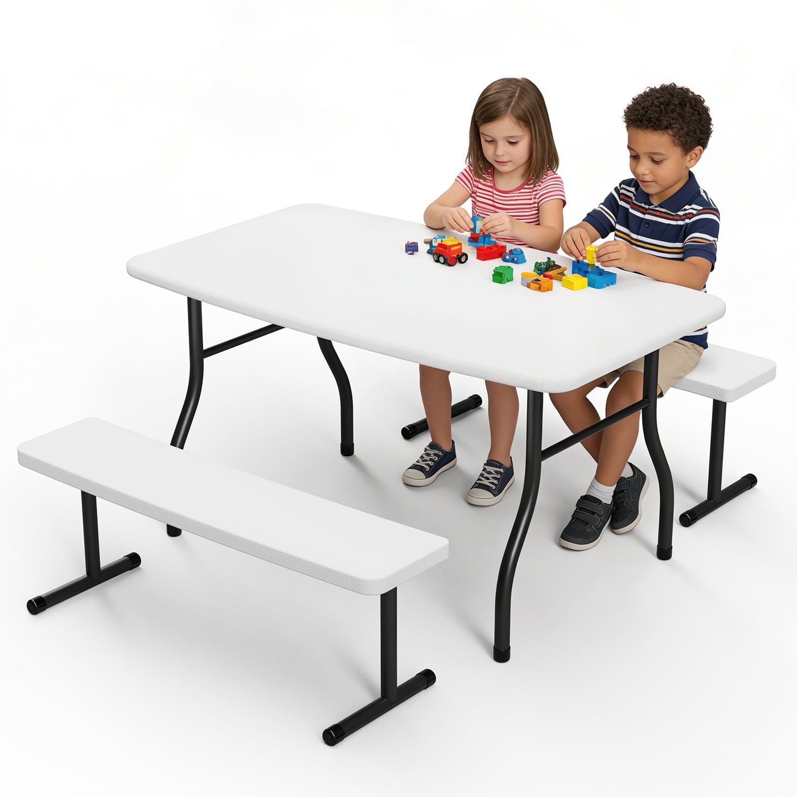 HaiCube Small Picnic Table with 2 Benches, HDPE Picnic Table Set with Reinforced Steel Frame, Heavy Duty Plastic Tabletop for Patio, Camping & Party