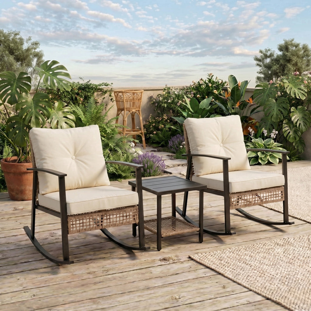 HaiCube 3 Pieces Wicker Rocking Chairs Set with 2-Tier Coffee Table, Patio Conversation Furniture Set with Cushions for Balcony, Porch, Garden, Backyard, Poolside, Beige