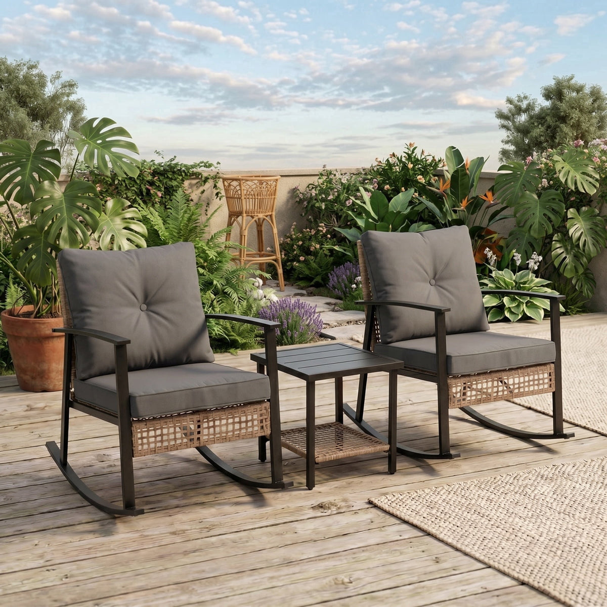 HaiCube 3 Pieces Wicker Rocking Chairs Set with 2-Tier Coffee Table, Patio Conversation Furniture Set with Cushions for Balcony, Porch, Garden, Backyard, Poolside, Beige