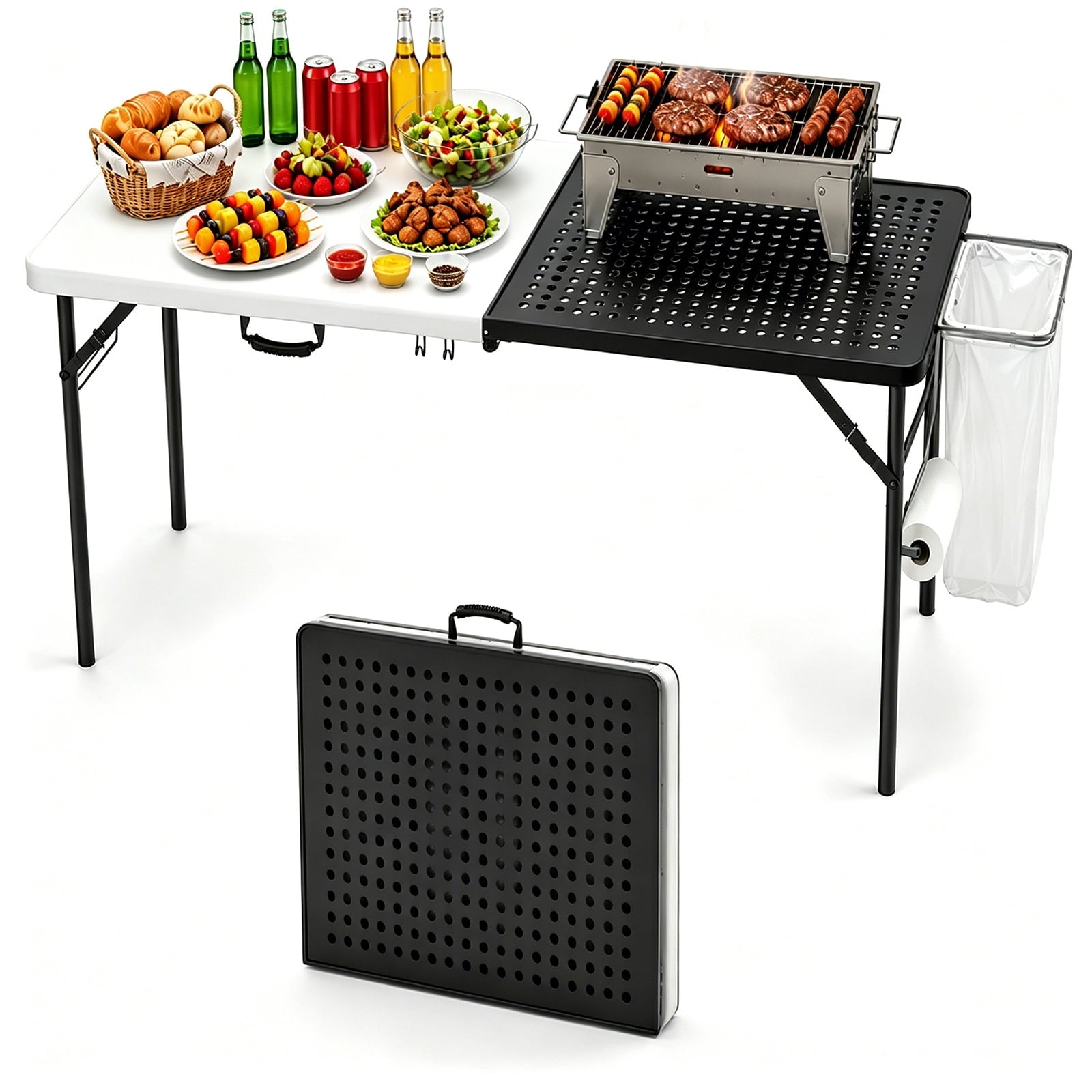 HaiCube 5FT Folding Grill Table, Portable Outdoor Camping Prep Station with Metal Mesh Top, Utility Hooks & Storage Rack, Heavy Duty Cooking Table for BBQ, Tailgating, Picnic, Patio