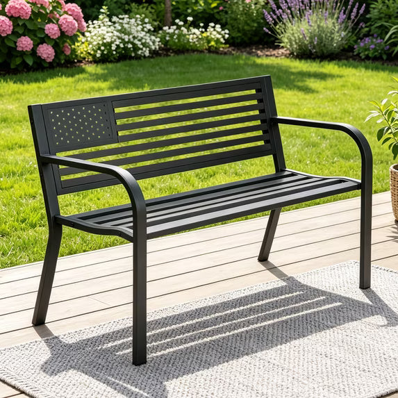 HaiCube Outdoor Bench with American Black Flag Backrest, Sturdy Cast Iron & Steel Frame, All-Weather Garden Patio Seating for Porch Deck Lawn Park