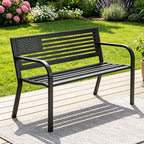 HaiCube Outdoor Bench with American Black Flag Backrest, Sturdy Cast Iron & Steel Frame, All-Weather Garden Patio Seating for Porch Deck Lawn Park
