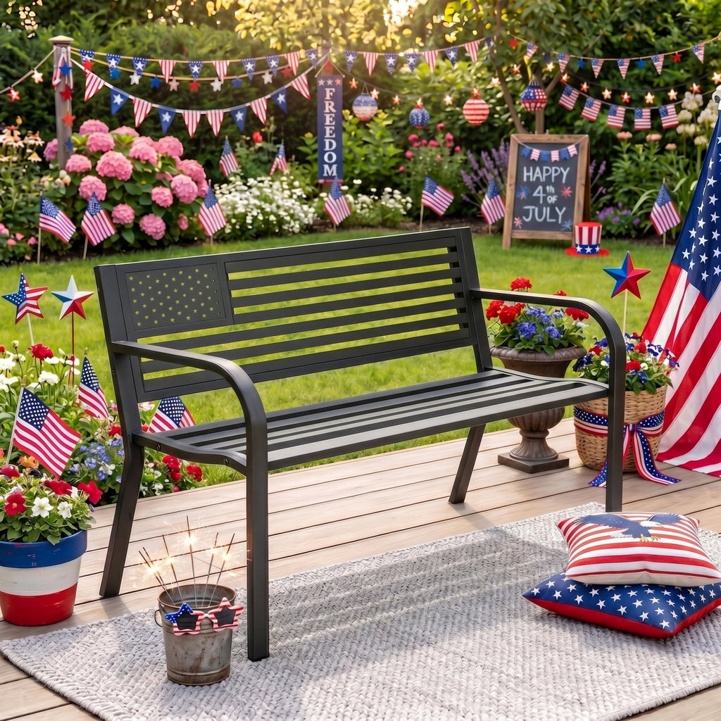 HaiCube Outdoor Bench with American Flag Backrest, Sturdy Cast Iron & Steel Frame, All-Weather Garden Patio Seating for Porch Deck Lawn Park, Black