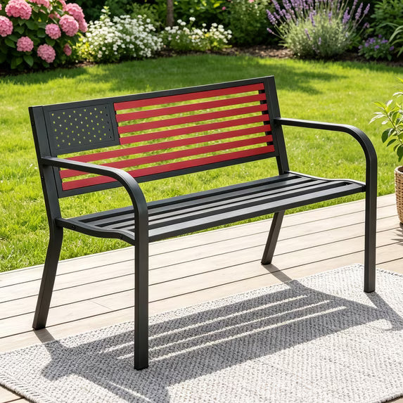 HaiCube Outdoor Bench with American Black Flag Backrest, Sturdy Cast Iron & Steel Frame, All-Weather Garden Patio Seating for Porch Deck Lawn Park