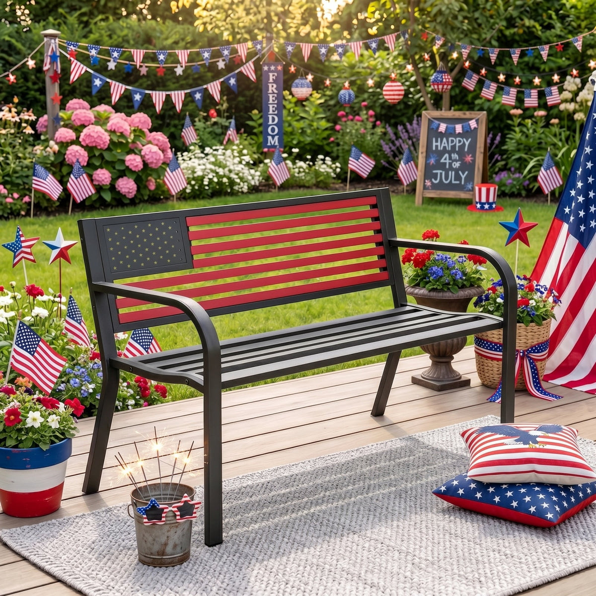 HaiCube Outdoor Bench with American Flag Backrest, Sturdy Cast Iron & Steel Frame, All-Weather Garden Patio Seating for Porch Deck Lawn Park, Black