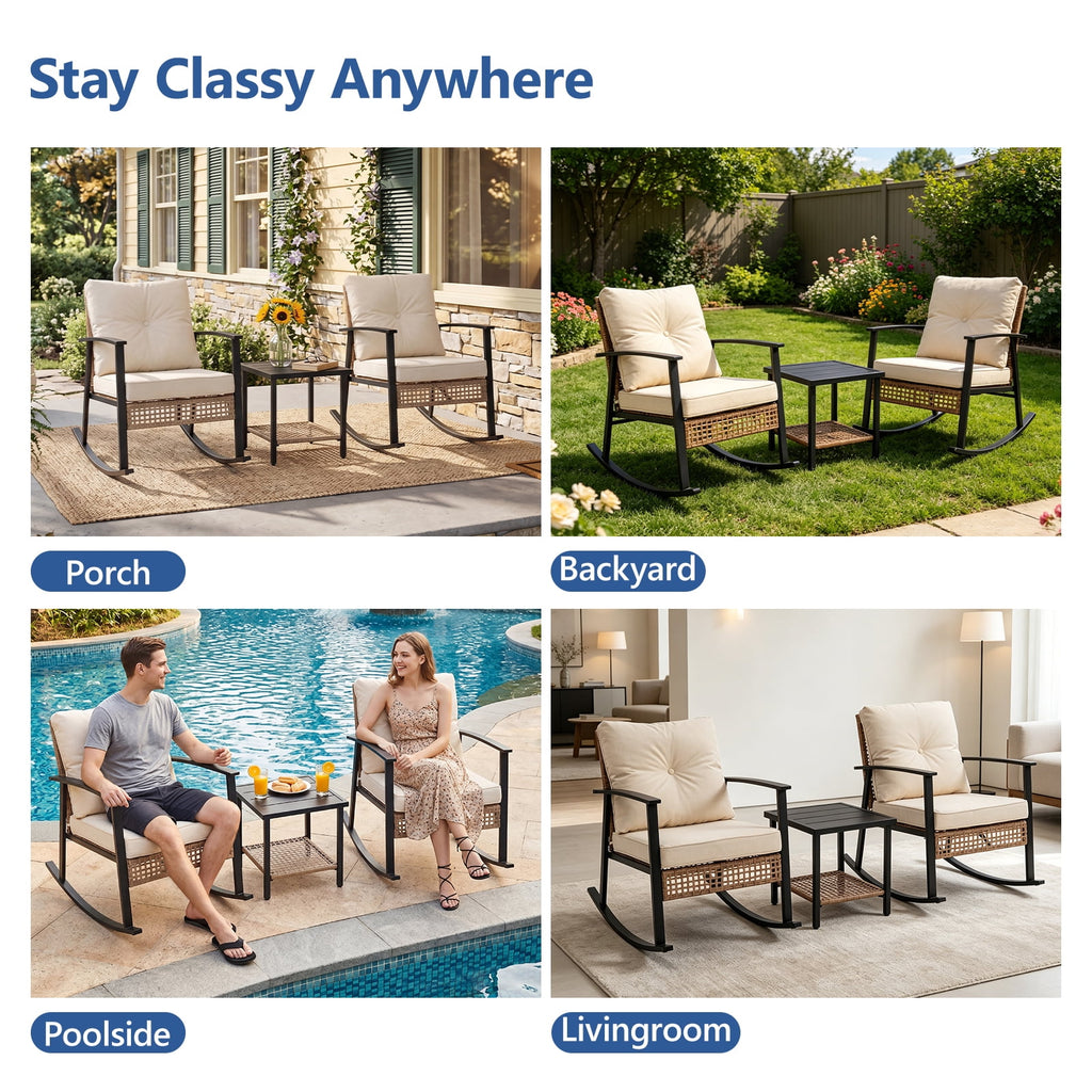 HaiCube 3 Pieces Wicker Rocking Chairs Set with 2-Tier Coffee Table, Patio Conversation Furniture Set with Cushions for Balcony, Porch, Garden, Backyard, Poolside, Beige