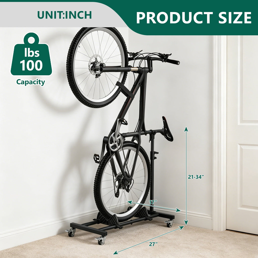 HaiCube Vertical Bike Stand, Fits Wheels Up to 29 Inch, Freestanding Space-Saving Bike Rack with Weels, Adjustable Height Upright Bicycle Floor Holder, No Drilling