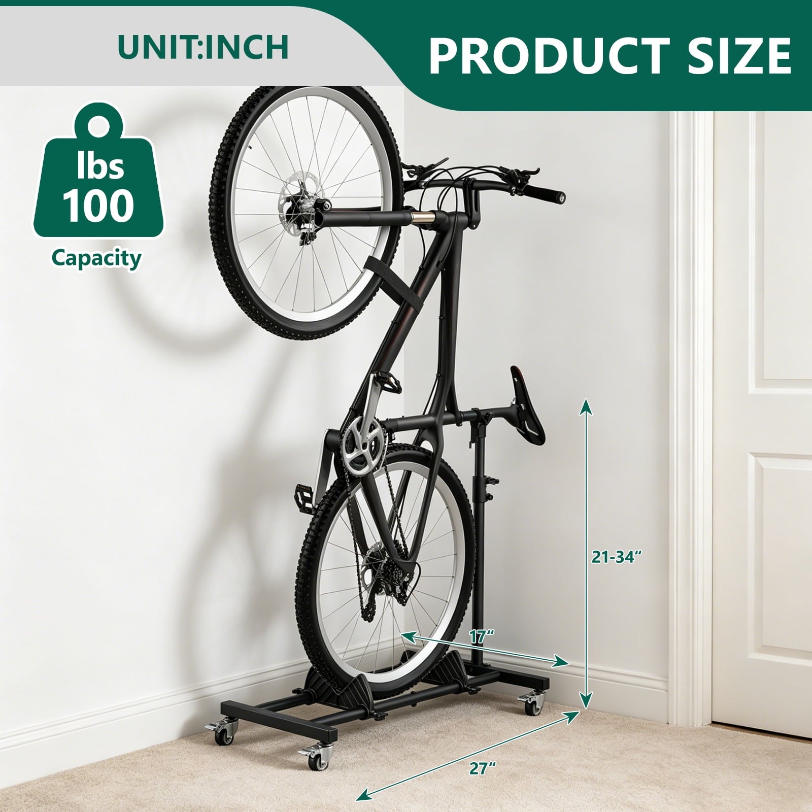 HaiCube Vertical Bike Stand, Fits Wheels Up to 29 Inch, Freestanding Space-Saving Bike Rack with Weels, Adjustable Height Upright Bicycle Floor Holder, No Drilling
