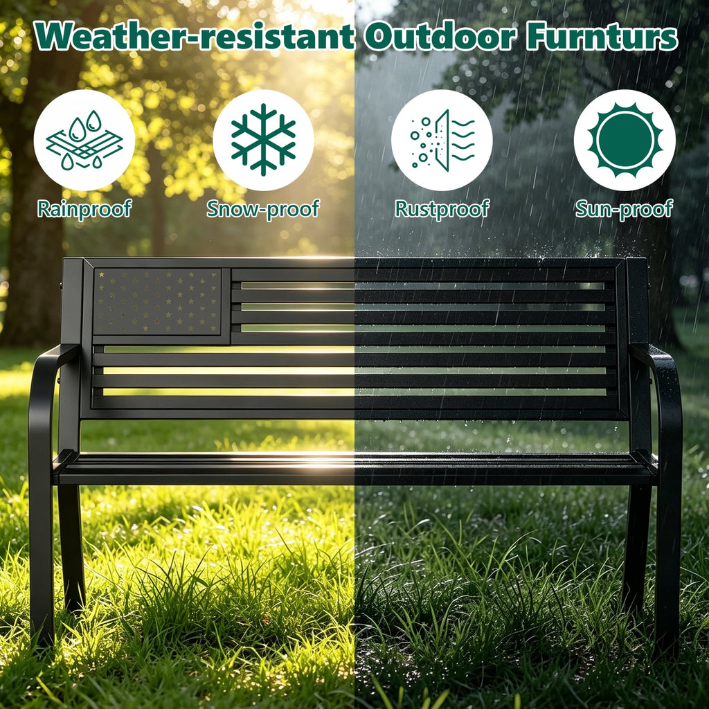 HaiCube Outdoor Bench with American Flag Backrest, Sturdy Cast Iron & Steel Frame, All-Weather Garden Patio Seating for Porch Deck Lawn Park, Black
