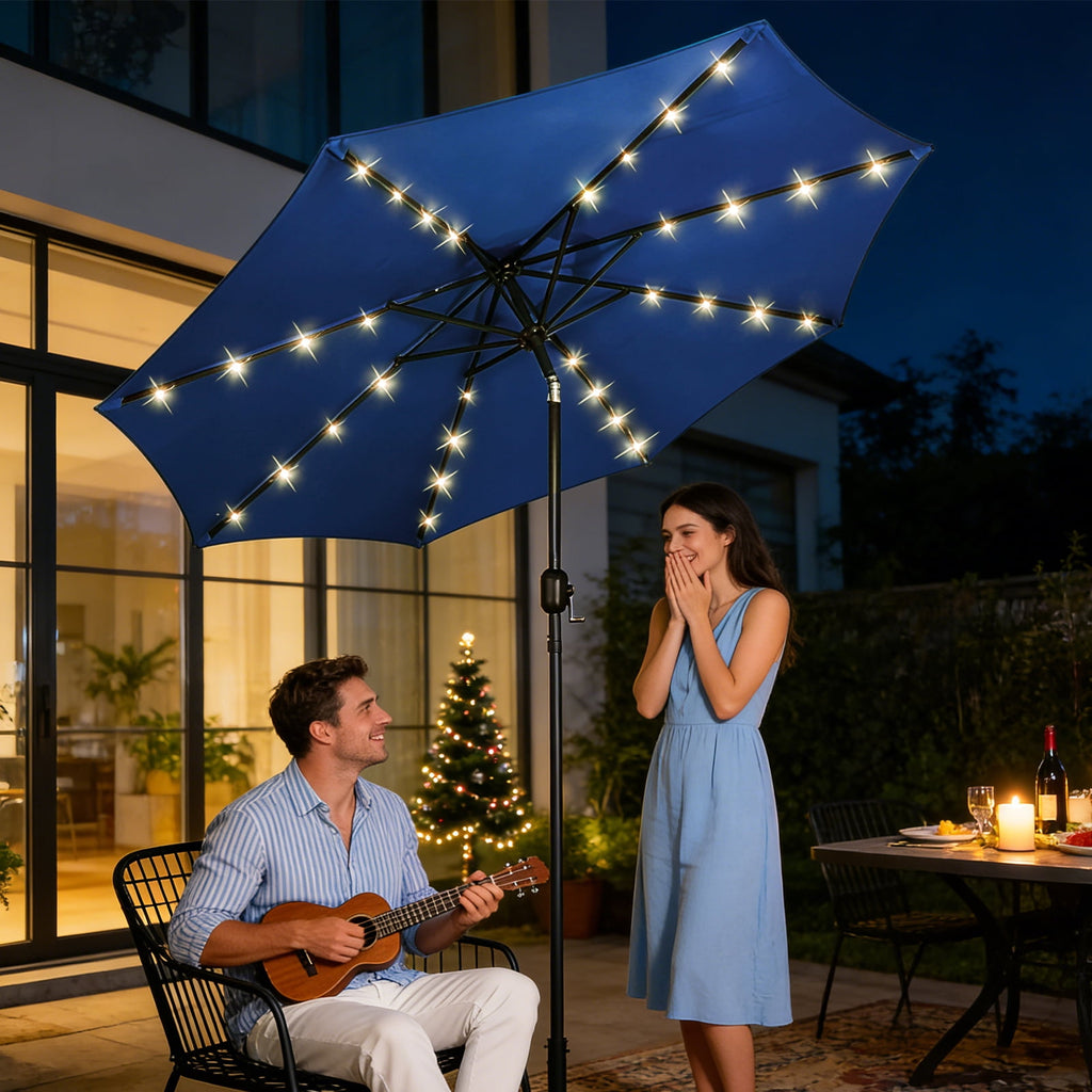 HaiCube 9FT Solar Patio Umbrella with LED Lights, Outdoor Market Umbrella with Solar Panel, 8 Heavy-Duty Ribs, for Patio, Deck, Garden,Dark Blue