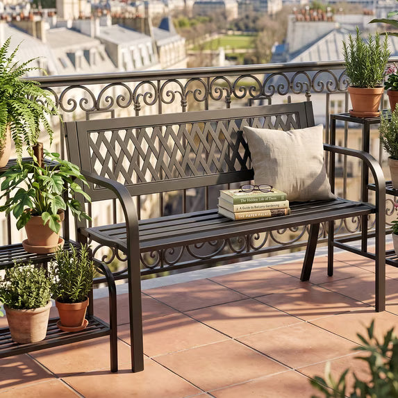 HaiCube Outdoor Metal Patio Garden Bench, Heavy‑Duty Grid Mesh Back Bench with Armrests, 500 lbs Load Capacity, Rust Weather‑Resistant for Yard Lawn Porch Entryway
