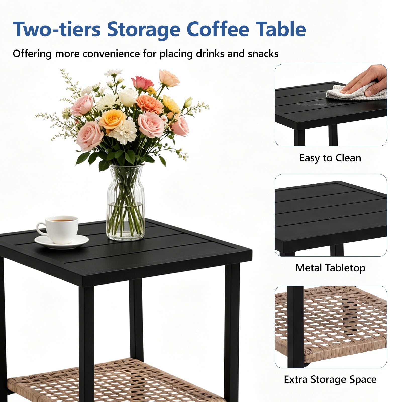 HaiCube 3 Pieces Wicker Rocking Chairs Set with 2-Tier Coffee Table, Patio Conversation Furniture Set with Cushions for Balcony, Porch, Garden, Backyard, Poolside, Beige
