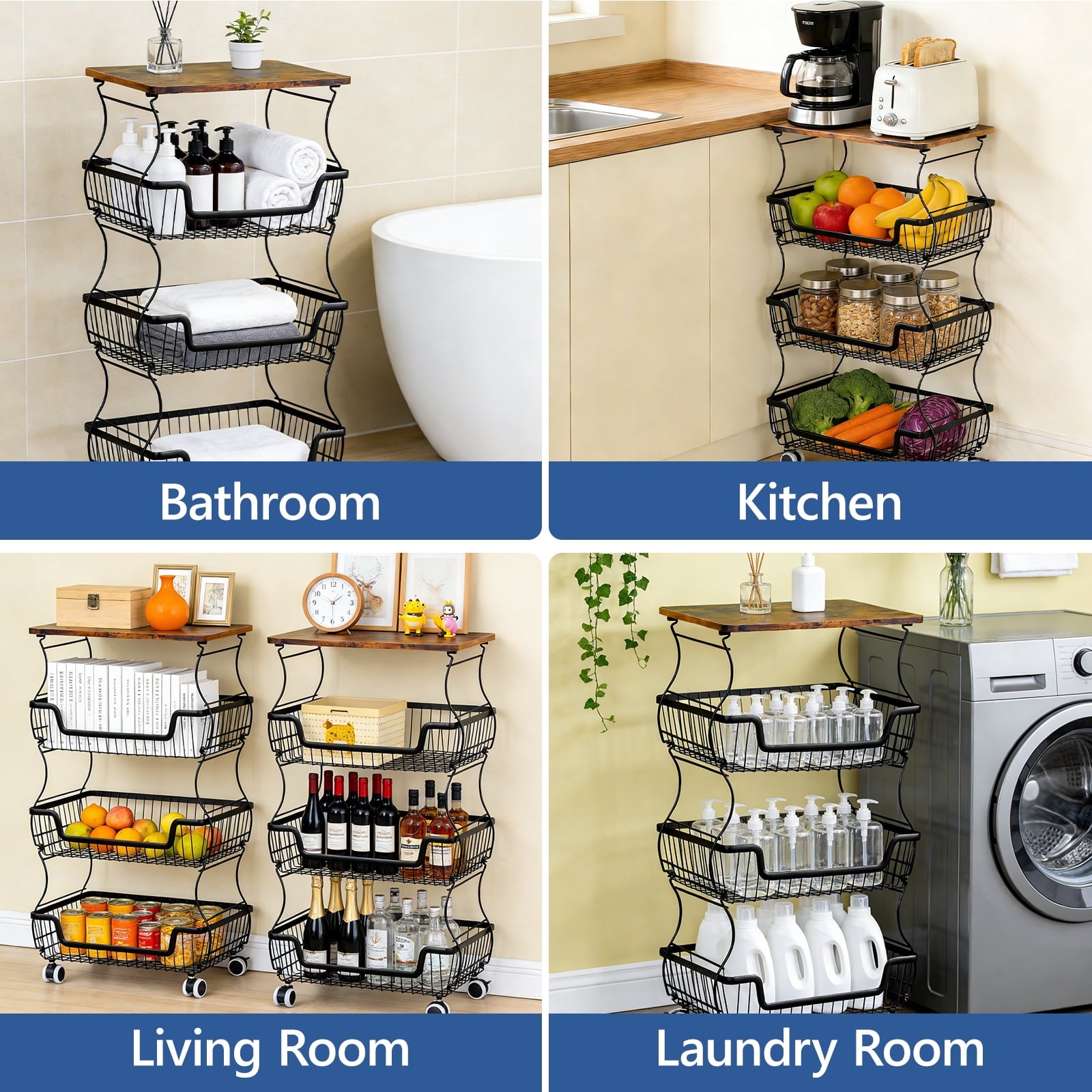 HaiCube 4-Tier Metal Wire Rolling Cart with Wheels, Stackable Storage Organizer Cart with Top Shelf for Pantry, Kitchen Fruit Snack Book Storage Rack