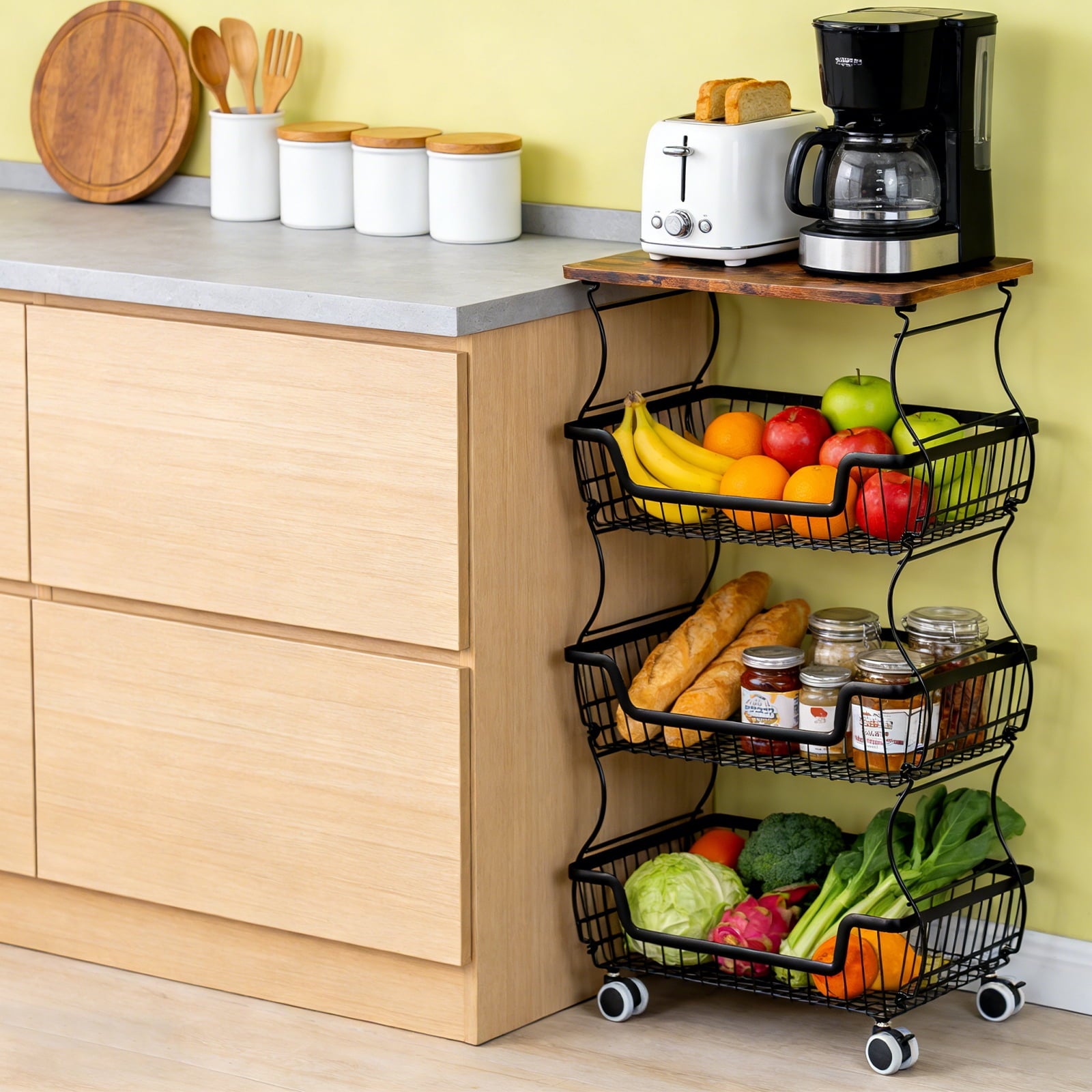 HaiCube 4-Tier Metal Wire Rolling Cart with Wheels, Stackable Storage Organizer Cart with Top Shelf for Pantry, Kitchen Fruit Snack Book Storage Rack