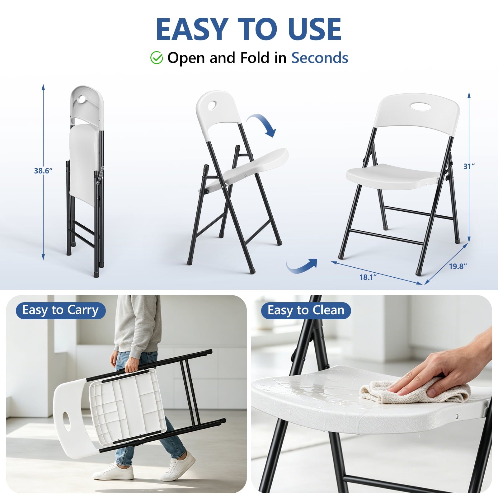 HaiCube 6 Pack Portable Plastic Folding Chair with Back Support, Heavy Duty Steel Frame, Indoor Outdoor for Party Wedding Office Patio, White