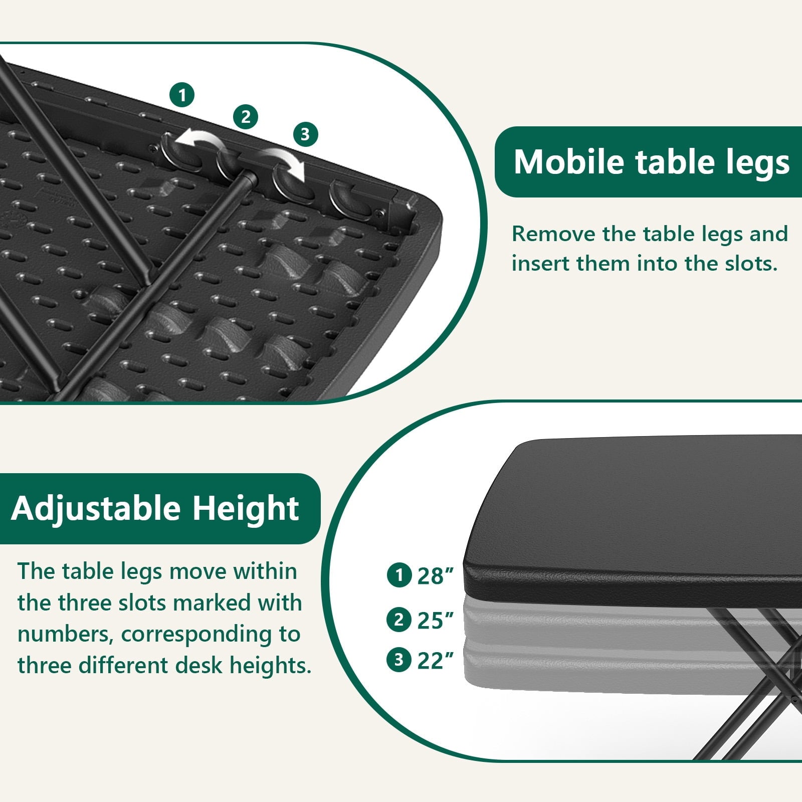 HaiCube Adjustable Height Folding TV Tray Table, Tool-Free Snap-On Setup, Portable Folding Table for Living Room, Camping & Small Spaces, Black