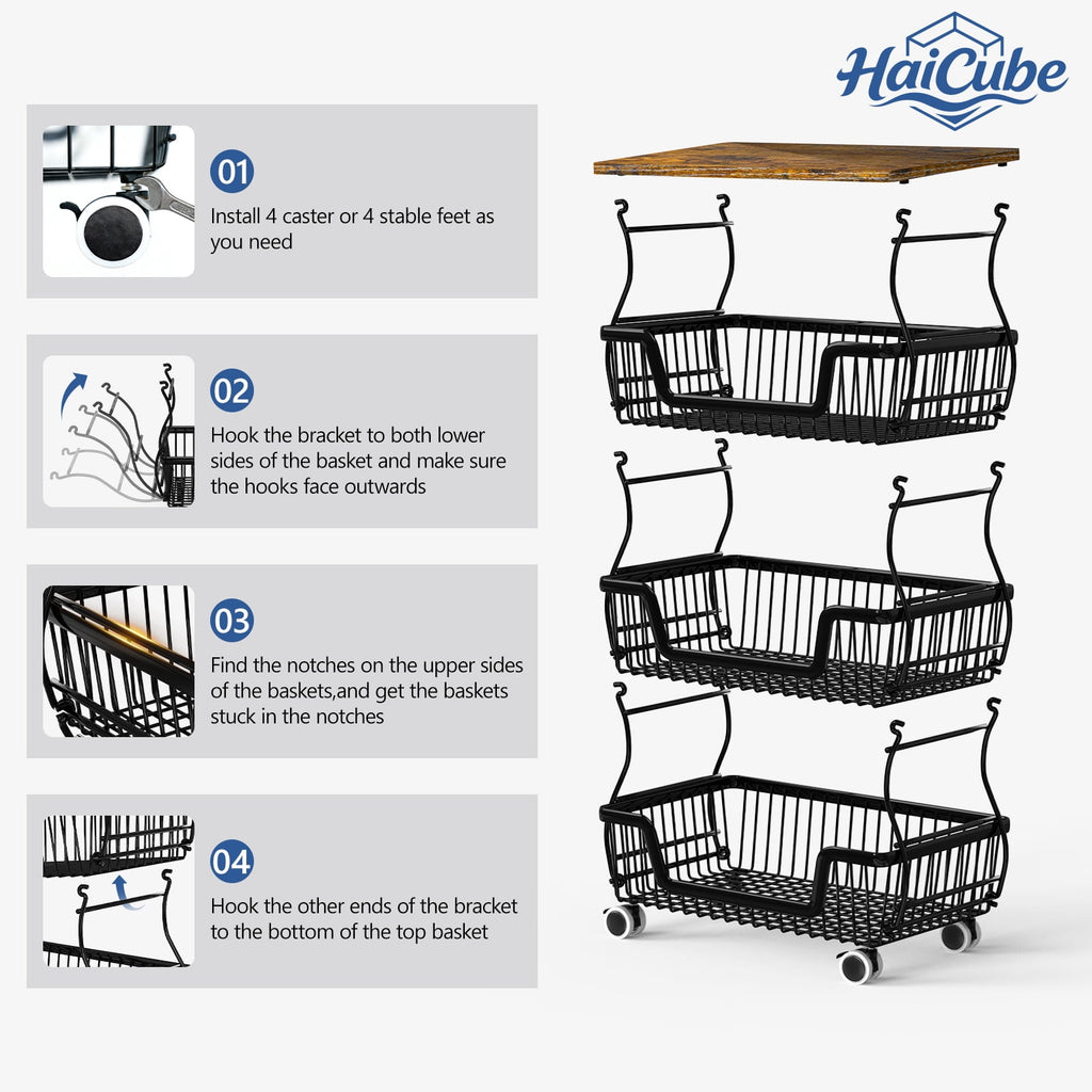 HaiCube 4-Tier Metal Wire Rolling Cart with Wheels, Stackable Storage Organizer Cart with Top Shelf for Pantry, Kitchen Fruit Snack Book Storage Rack