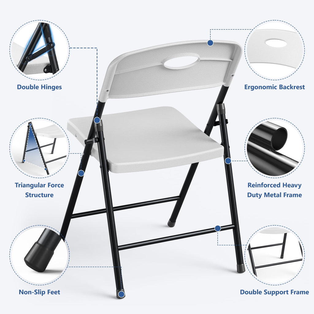 HaiCube 6 Pack Portable Plastic Folding Chair with Back Support, Heavy Duty Steel Frame, Indoor Outdoor for Party Wedding Office Patio, White