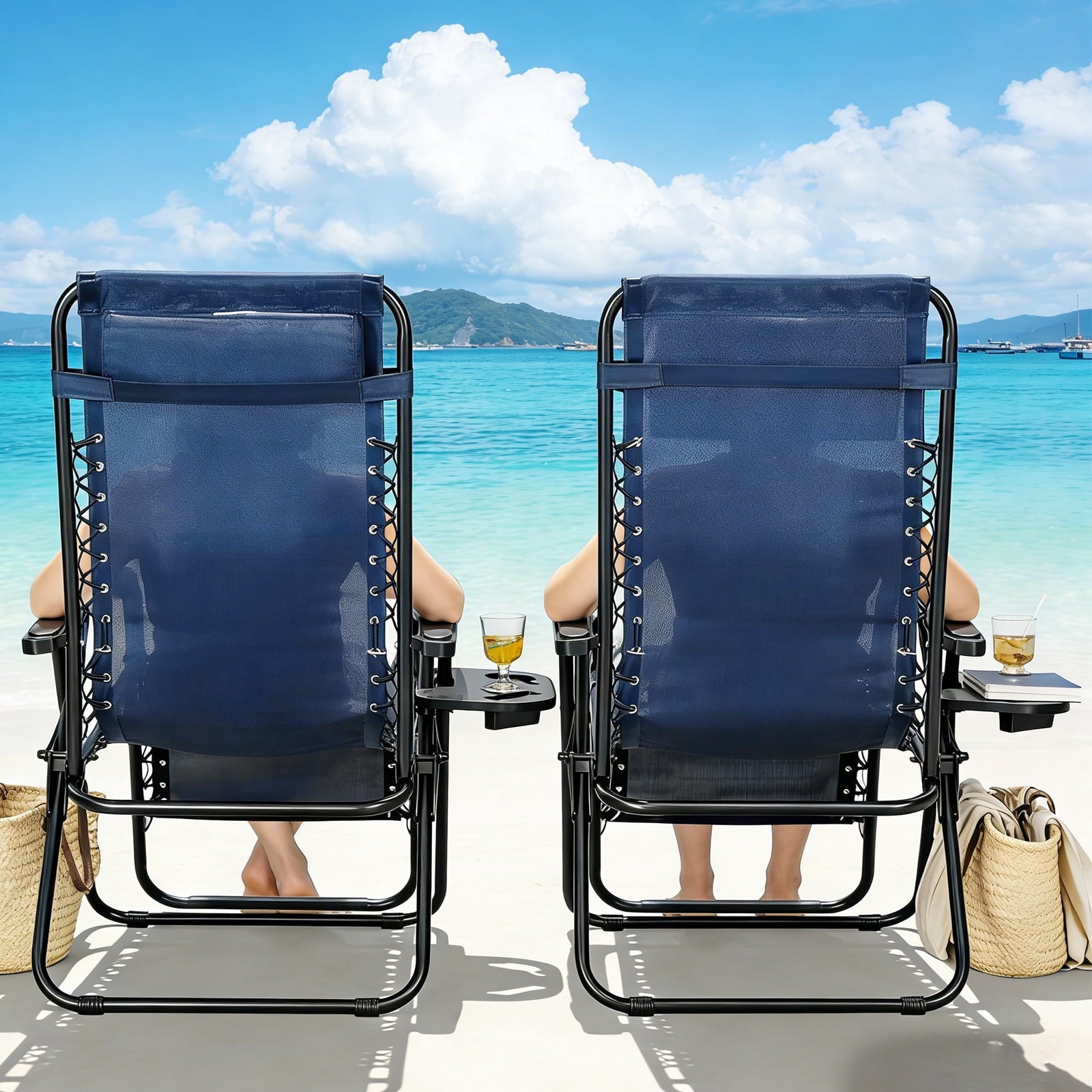HaiCube Zero Gravity Chair Set of 2, Adjustable Reclining Outdoor Lounge Chairs with Cup Holder Tray & Headrest, Portable Folding Patio Chairs for Camping, Pool, Backyard, Blue