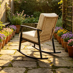 HaiCube 3 Pieces Wicker Rocking Chairs Set with 2-Tier Coffee Table, Patio Conversation Furniture Set with Cushions for Balcony, Porch, Garden, Backyard, Poolside, Beige