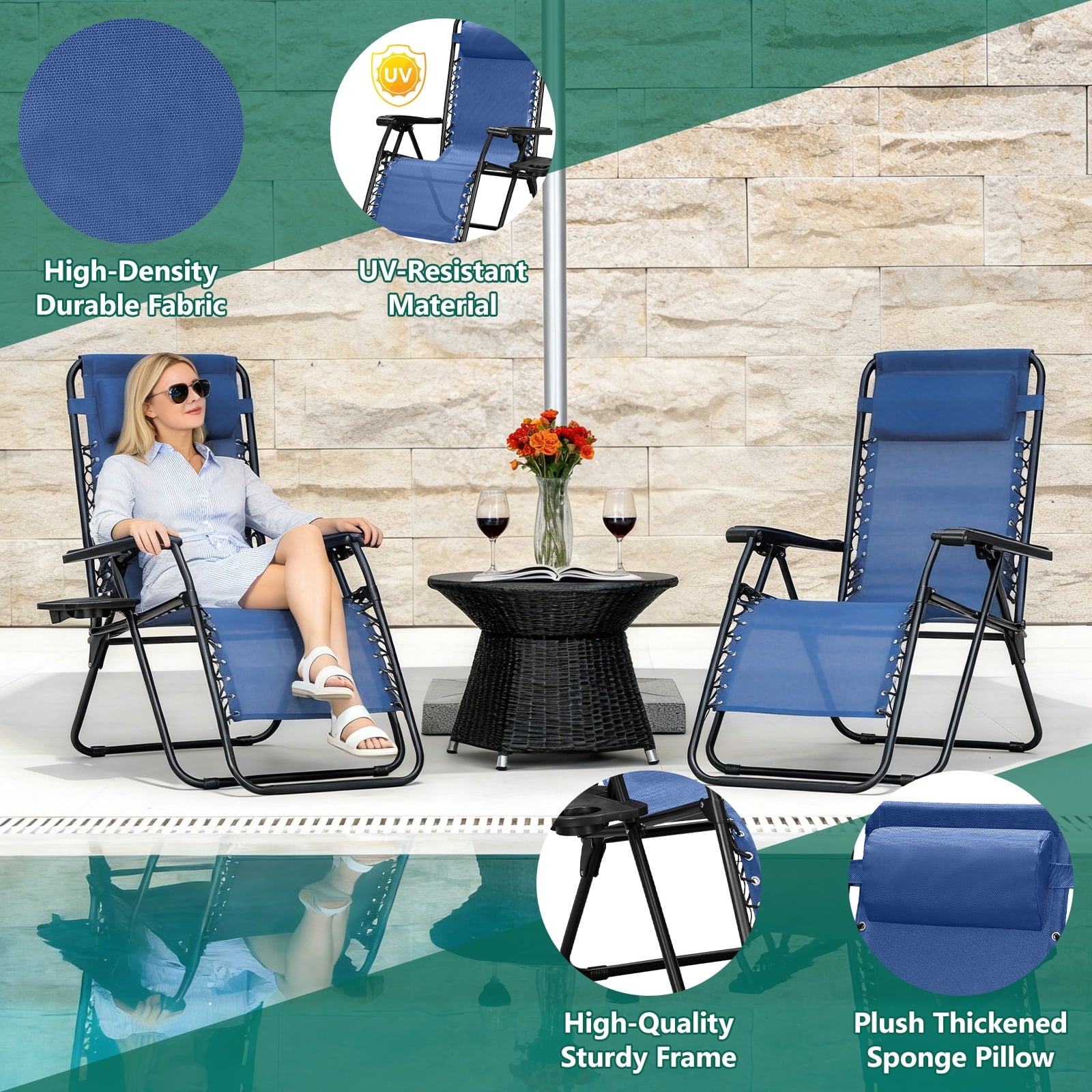 HaiCube Zero Gravity Chair Set of 2, Adjustable Reclining Outdoor Lounge Chairs with Cup Holder Tray & Headrest, Portable Folding Patio Chairs for Camping, Pool, Backyard, Blue
