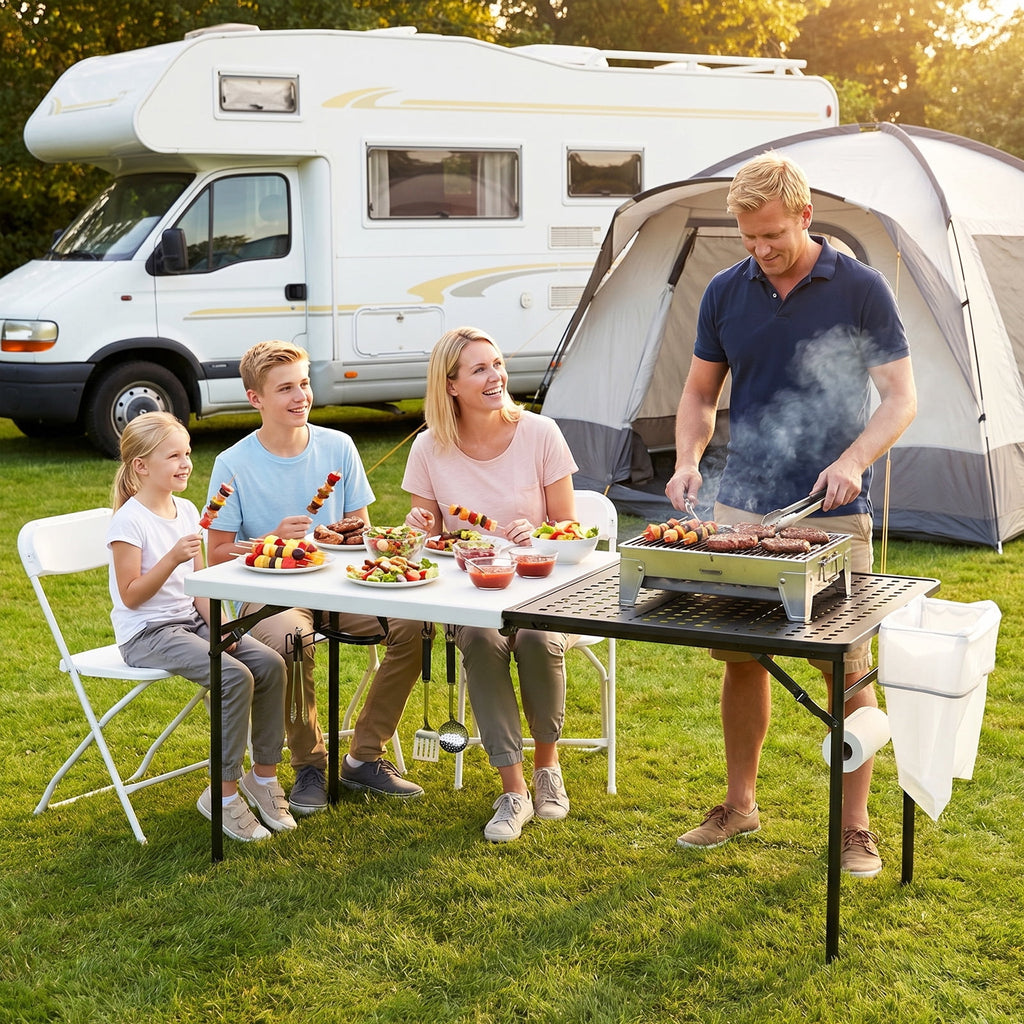 HaiCube 5FT Folding Grill Table, Portable Outdoor Camping Prep Station with Metal Mesh Top, Utility Hooks & Storage Rack, Heavy Duty Cooking Table for BBQ, Tailgating, Picnic, Patio