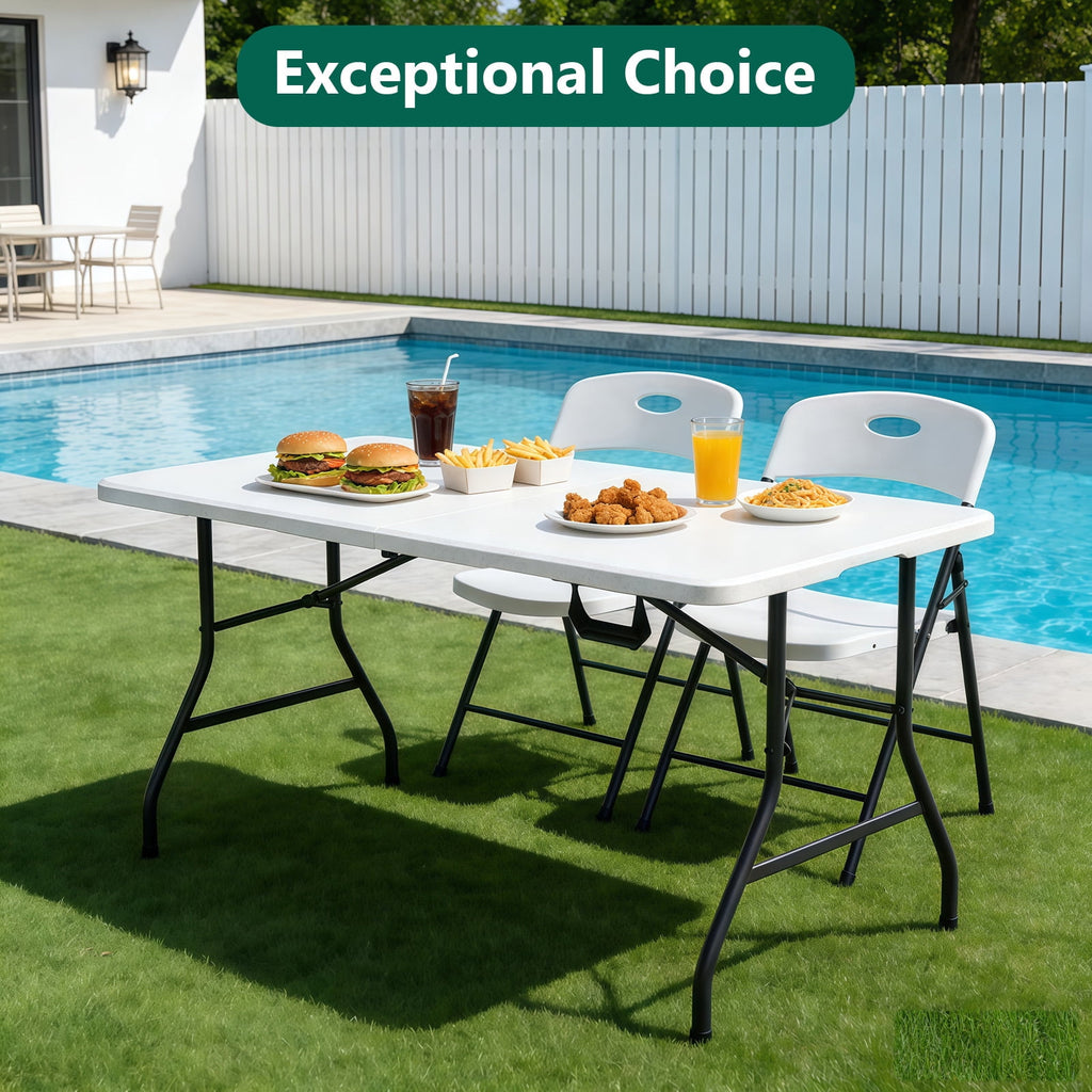 HaiCube 5FT Folding Table, Heavy Duty Portable Table, Waterproof HDPE, Foldable for Picnic, Party, Camping, Dining, BBQ, Indoor & Outdoor, White