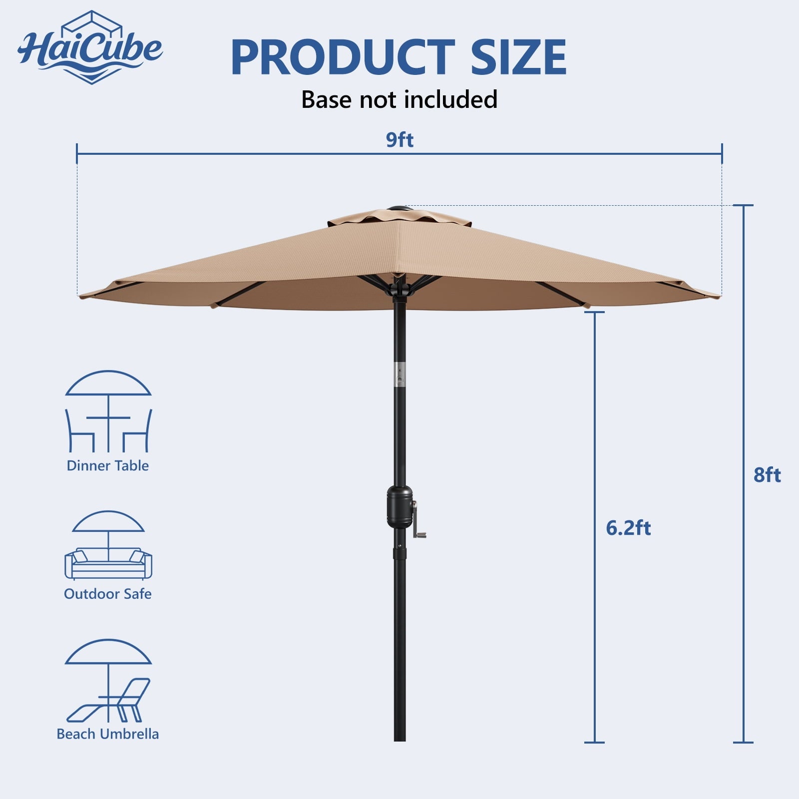 HaiCube 9FT Patio Umbrella -Acrylic Fabric, 10-Year Fade-Resistant, 1.5" Heavy Duty Steel Pole, 8 Ribs, Push Button Tilt & Crank, UV Block for Garden Deck Pool, Khaki