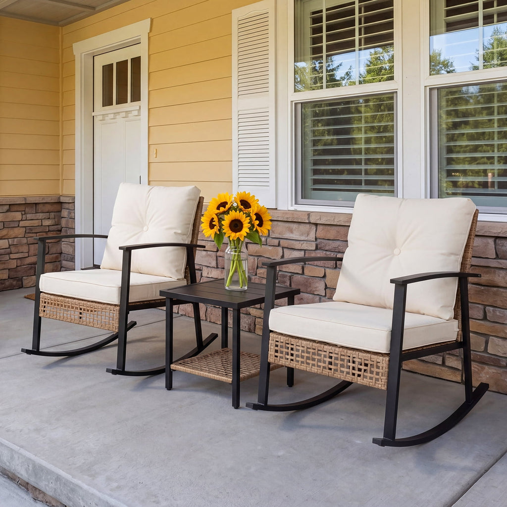 HaiCube 3 Pieces Wicker Rocking Chairs Set with 2-Tier Coffee Table, Patio Conversation Furniture Set with Cushions for Balcony, Porch, Garden, Backyard, Poolside, Beige